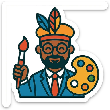 a chief of creative character, professional yet imaginative, with artistic elements like a paintbrush and palette, vibrant toon style sticker