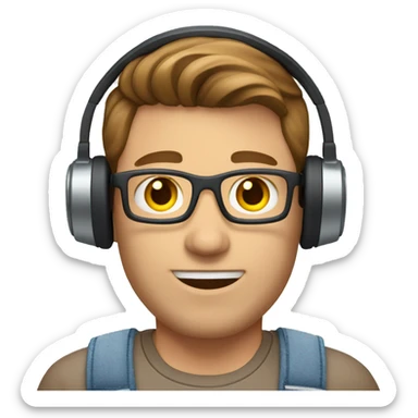 caucasian IT technology guy wearing jean shorts with headset and brown hair sticker