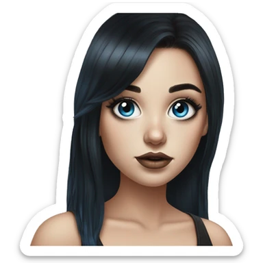 Hyperrealistic drawing white girl blue eyes and long black hair with rainbow fringe. Wearing black crop top and has dark eye makeup on her eyes sticker