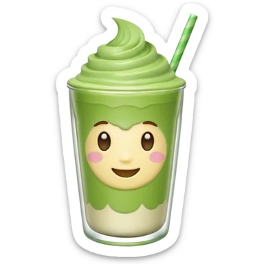 Emoji glossy 3D de un vaso de matcha latte, vaso de vidrio transparente con matcha espumoso verde pastel, capas suaves de leche y matcha, brillo intenso tipo sticker, sombras delicadas, fondo transparente, estilo cute moderno, alta calidad sticker