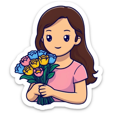A cool girl with long brown hair and fair skin holding a bouquet of flowers sticker