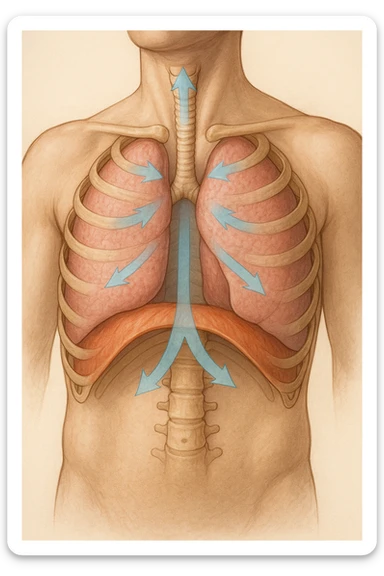 A realistic, high-quality anatomical illustration showing a human torso with visible rib cage and diaphragm. The ribs are shown in a decompressed, expanded state, allowing full lung expansion, while the diaphragm is depicted as relaxed and lowered, indicating deep, efficient breathing. Soft blue and warm tones highlight airflow and lung capacity, with light arrows illustrating the air movement during diaphragmatic breathing. The image conveys a sense of calm, openness, and optimal breathing mechanics, useful for physiotherapy, breathing education, and osteopathic learning contexts sticker