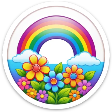 A round psychedelic colored button with a bezeled rainbow and colored hippie style flowers sticker