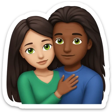 black man with brown eyes hugging a woman with long dark hair, green eyes, and light skin, emoji style sticker
