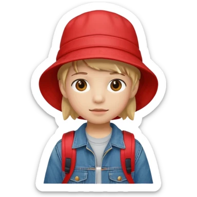 A little student with red bucket hat, jean jacket, backpack sticker