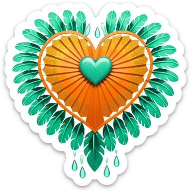 orange glittery heart, shattered in pieces  with mint green water dripping down and art deco feathered fans on the edges  sticker