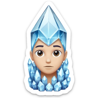 A single crystal character inspired by a clear quartz cluster, chunky base with many tall transparent crystal spikes growing upward all around it with a face sticker