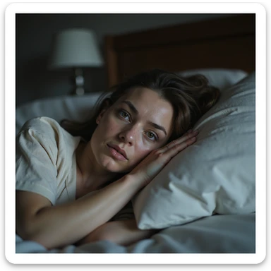 Donna sdraiata sul letto, viso estremamente stanco con occhiaie profonde, pelle pallida, sguardo perso e spento, espressione esausta, postura abbandonata, stile iperrealistico, dettagli realistici, qualità 4K, ambiente domestico sticker