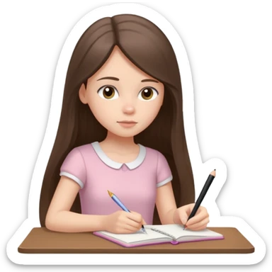 white brunette teen long hair with hazel eyes in a light pink dress writing in a notebook sticker