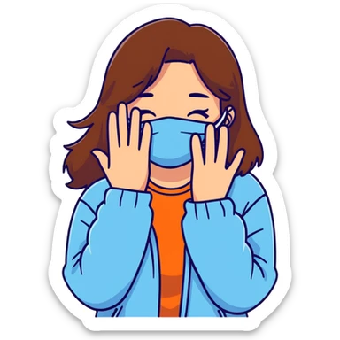 brunette girl with brown hair wearing pastel blue clothes covering her face with her hand sticker