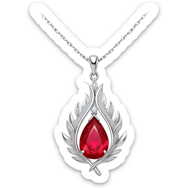 teardrop ruby pendant with fiery light, tiny phoenix feather, shimmering white stones, silver chain, ethereal and powerful rebirth theme sticker