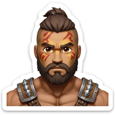 Clash of Clans aesthetic: Cinematic Rugged Barbarian Portrait Emoji, Intense and formidable with a heavily muscled physique, a rugged beard, piercing eyes, and battle-worn armor adorned with tribal markings, his expression fierce and resolute, Simplified yet powerfully detailed features, highly detailed, glowing with a deep, primal energy, high shine, gritty and uncompromising, stylized with an air of raw, untamed power, focused and determined, soft glowing outline, capturing the essence of a barbarian warrior carved by countless battles and poised to lead his clan into epic conflict! sticker