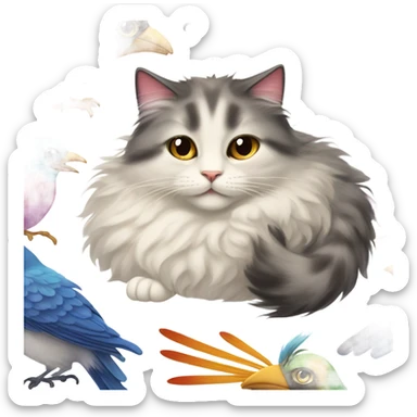 Cat cuddling with birds sticker