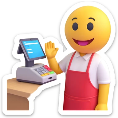 3D smiley emoji, round shape, wearing a store clerk apron, next to a cash register or shopping basket, with a funny and kind facial expression, transparent background sticker
