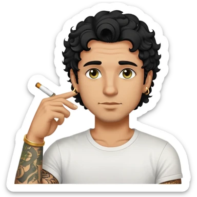 Italian guy with tanned skin, curly black hair, short bob, with stubble, olive-colored eyes, with a gold ring earring in his left ear, wearing a white T-shirt, with a black tattoo on his forearm, smoking a cigarette. sticker