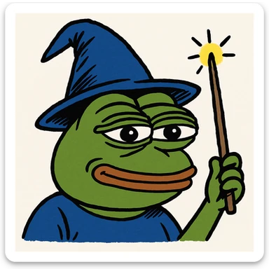 Pepe the Frog with a wizard hat and magic wand, meme style sticker
