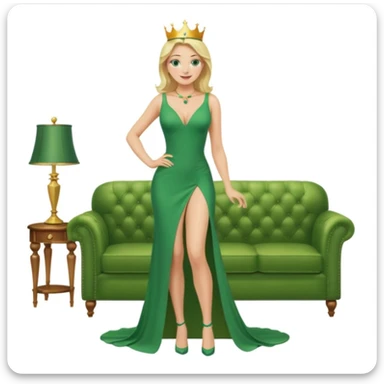 Queen, crown, blonde hair, green eyes, long green tight dress, decoltee,  Leg slit, whole Body, Background living room  sticker