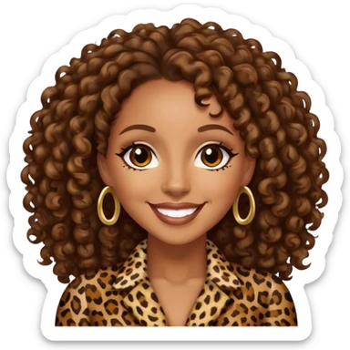 Melanie Brown with brown curls wearing leopard print and smiling sticker