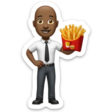 A bald black man pointing at u while holding McDonald’s bag and McDonald’s fries sticker