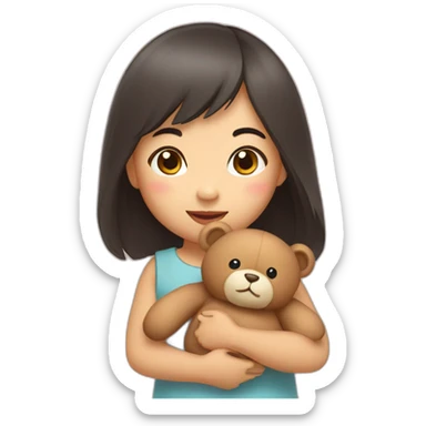 little asian girl holding a teddy sticker