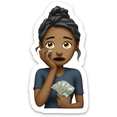 Crying woman using money to wipe sticker