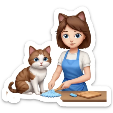 Cat cleaning with her mom in the kitchen they both have blue eyes and brown hair  sticker