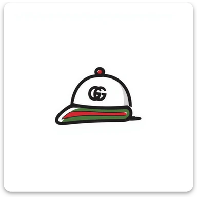 hand-drawn doodle of a Gucci cap with signature green and red stripes and logo sticker