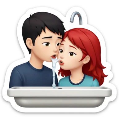 asian black haired boy kisses redhead girlfriend by broken sink sticker