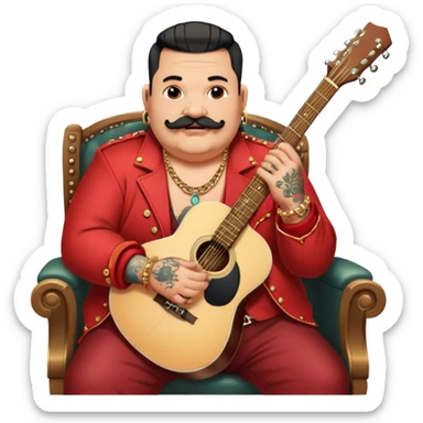 Icon for Chanson: Old fat chanson singer with tattoos, small moustache, red jacket, gold chains and braslettes, sitting on a chair with an acoustic guitar and standing microphone. No earrings. The atmosphere should reflect a nostalgic, soulful vibe with vintage elements. Transparent background. sticker