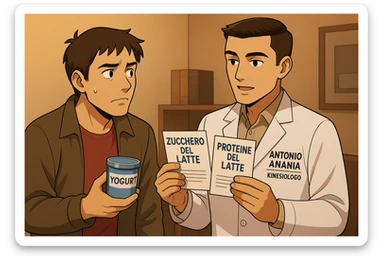 fai un webtoon manga a colori con questo stile, in cui un uomo ASCOLTA Il kinesiologo con il camice bianco (fagli anche la scritta "ANTONIO ANANIA" SUL CAMICE, IL KINESIOLOGO SPIEGA ALL'UOMO UNA COSA TENENDO DUE FOGLIETTINI IN MANO, UNO CON LA SCRITTA "ZUCCHERO DEL LATTE" E UNA CON LA SCRITTA "PROTEINE DEL LATTE". L'UOMO OSSERVA LO YOGURT CHE HA IN MANO CON ESPRESSIONE DUBBIOSA IN VOLTO. non fare i fumetti però, fai solo in modo che sembri stiano parlando sticker