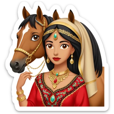 A woman in a Arab black and red embroidered dress poses beside a horse, wearing gold necklace  sticker