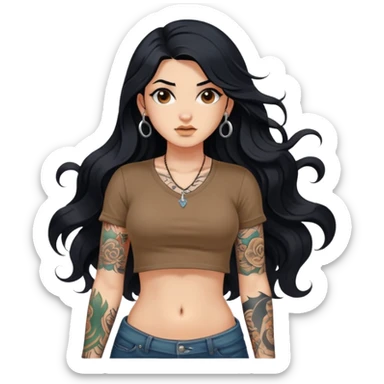 A girl with fair skin, long black hair with big waves, tattoos on her arms, wearing a brown navel-revealing short-sleeved shirt, and a navel piercing sticker
