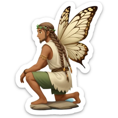 full body druid man, tan skin, long braid, from behind kneeling at lake edge, moths behind shoulders sticker
