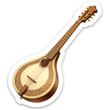 Bouzouki – Cinematic Realistic Bouzouki, depicted as a beautifully crafted Greek string instrument with a long neck and ornate fretwork, its polished wooden body reflecting warm golden light, set on a rustic background with soft shadows that evoke traditional Mediterranean music. sticker