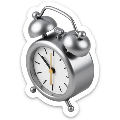 metallic, 3D alarm clock icon in skeuomorphism style, with shiny chrome details and a glass face sticker