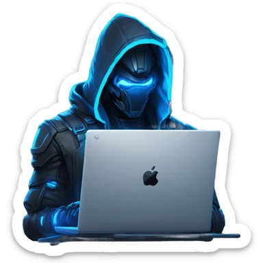 developer behind his laptop with this style : crysis Cyberpunk Riot Games Valorant neon glowing bright blue character blue black hooded assassin themed character sticker