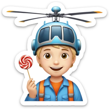 happy kid with helicopter hat eating candy sticker