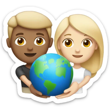 a couple holding a planet in their hands , boy is white with blonde hair and blue eyes, girl is white with dark blonde hair and light brown eyes  sticker