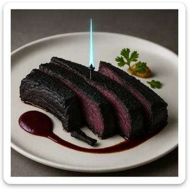 a delicious plate of smoked ribs, the color of the meat is succulent dark blackish purple, the 5 Michelin star dish is plated with a tiny energy sword piercing the center sticker