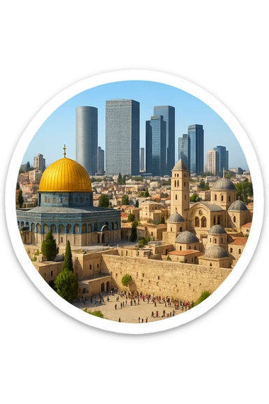 cinematic realistic emoji combining Jerusalem and Tel Aviv, wide city view with iconic landmarks Dome of the Rock, Western Wall, Church of the Holy Sepulchre, Tel Aviv skyline with Azrieli Center, lifelike detail, accurate colors, bright daytime lighting, fully transparent background, no sky, no clouds sticker