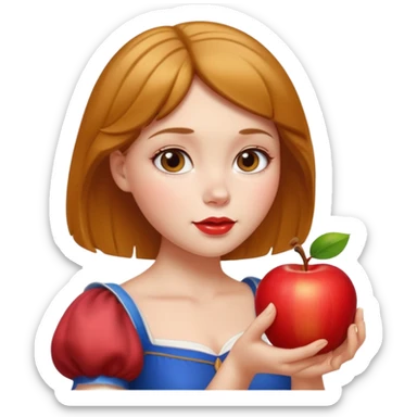 Create an emoji of Snow White holding a red apple, with short golden-brown hair. sticker