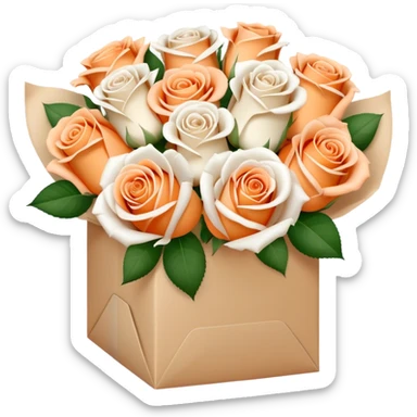 Bouquet of pastel orange and white roses in a paper package sticker