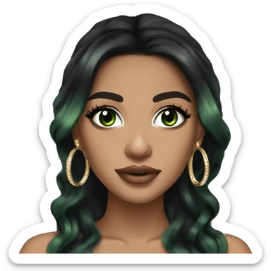 Glamorous, streetwear or cocktail dress, black balayage hair, long wavy hair, olive skin, green almond eyes, winged eyeliner with big lashes, wearing hooped earrings, rings and bracelets  sticker