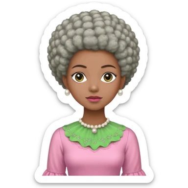 Pretty Brown woman with a very very short stylish gray Afro  wearing pink and green dress  and pearl blouse with sleeves sticker