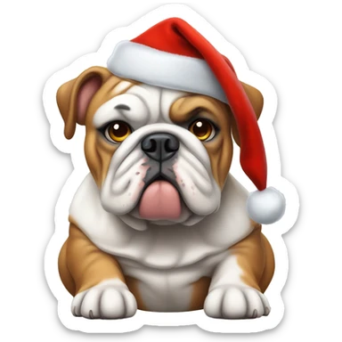 english bulldog with white pouty face wearing a christmas hat sticker