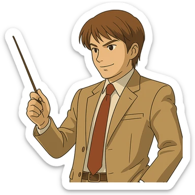 Change the angle of the teacher's stick so Light Yagami is pointing downward, confident expression, Ghibli style, transparent background. sticker