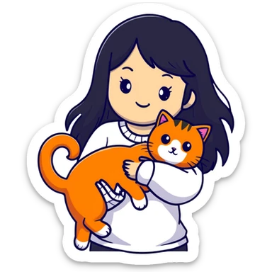 girl with long black hair holding an orange cat sticker