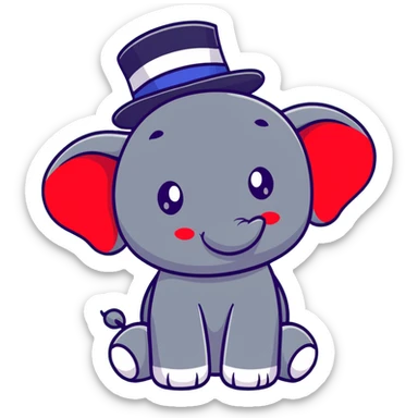 cute red elephant, big eyes, friendly smile, round and simple, wearing a stars-and-stripes top hat, cartoon sticker style sticker