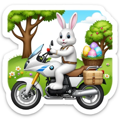 Easter bunny riding a BMW boxer motorcycle with trees and grass in the background and colorful Easter eggs hidden in the grass sticker