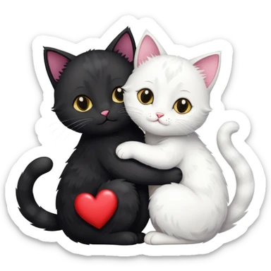 Big black cat is hugging a small white cat with hearts above sticker